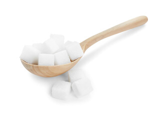 Many sugar cubes and wooden spoon isolated on white