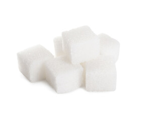Many refined sugar cubes isolated on white