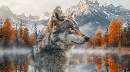 Double exposure portrait of wolf in the mountain forest ecosystem with nature habitat overlay
