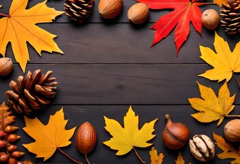 Autumn leaves and acorns on a wooden background - obrazy, fototapety, plakaty
