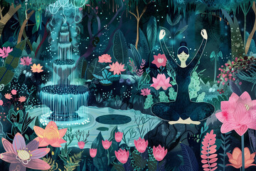 Psychodelic illustration of woman doing yoga. whimsical illustration of an enchanting garden filled with blooming lotus flowers, lush greenery, and a majestic fountain under the starry night sky