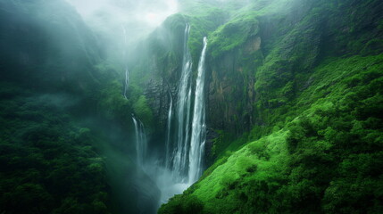 Breathtaking waterfall cascading down lush green mountainside, Nature Beauty - obrazy, fototapety, plakaty