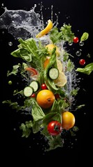 Beautiful vegetables and herbs falling with splashes into the water. On a dark background.
