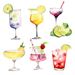 Watercolor cocktail drinks set on transparent background. Watercolor painting