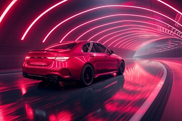 A sleek red sports car speeds through a futuristic tunnel, bathed in vibrant neon lights