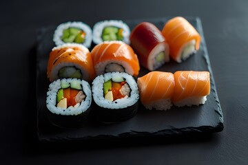 features a variety of sushi pieces neatly arranged on a black plate
