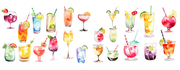 Watercolor cocktail drinks set on transparent background. Watercolor painting