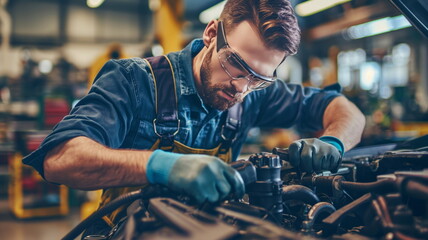 Skilled Mechanic Repairing Engine, Expert Technician Working on Car Repair in Garage