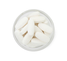 Fototapeta na wymiar Vitamin pills in bowl isolated on white, top view. Health supplement