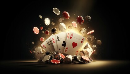 A dramatic display of poker cards and chips flying through the air, capturing the excitement of a winning moment.