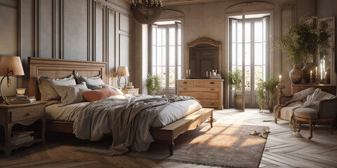 Stylish interior of bedroom in modern house in Provence style.