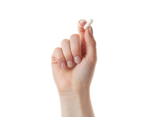 Woman holding vitamin capsule on white background, closeup. Health supplement