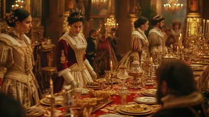 Noble Lords and Ladies in Lavish Attire at Royal Banquet, Whispers of Court Intrigue