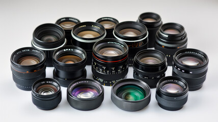 Collection of camera lenses with various focal lengths and apertures on a white background.
