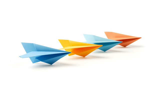 Colorful paper planes in a row on a white background, representing creativity and playfulness.