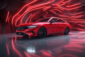 A red sports car stands out against a futuristic backdrop. Dynamic red light trails swirl around it