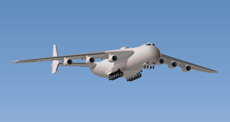 A large cargo plane takes off into the sky. Vector.