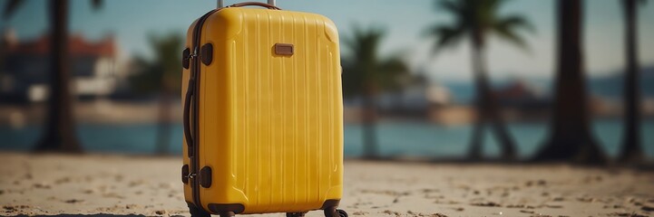 Holiday suitcases and beach in bright summer sunshine and red flip flops 3d render - obrazy, fototapety, plakaty