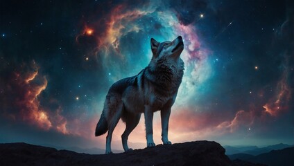 Enchanted wolf and cosmic nebula, symbol of cosmic guardianship - obrazy, fototapety, plakaty