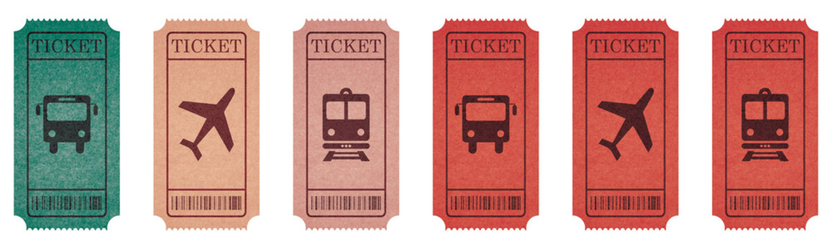 Vintage travel ticket template for bus, plane, and train railway pass. Isolated on transparent background.