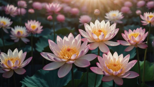 Enchanting elegant lotus and chrysanthemum flowers in full bloom, close up. Natural summery texture for background.
