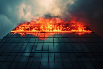 Building engulfed in flames, firefighters battling blaze amidst smoke and chaos