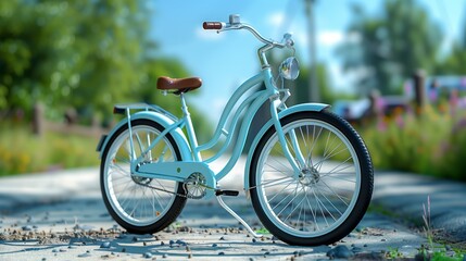 A blue Bicycle is parked near a Plant on the roadside