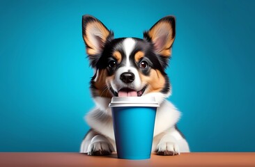 Funny dog sitting with a glass on an isolated background with space for lettering