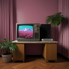 cozy corner of a room with a vintage television displaying a colorful mountain landscape