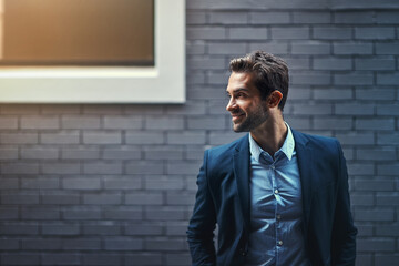 Looking away, man and suit in city for corporate career, professional business or company. Young...