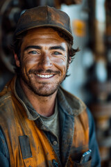 Fototapeta na wymiar A smiling adult man in an industrial setting wearing a safety helmet, demonstrating professionalism and dedication.