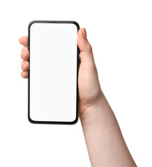 Woman holding smartphone with blank screen on white background, closeup. Mockup for design