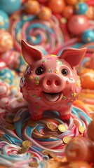 Obraz premium A playful piggy bank surrounded by a swirl of coins, against a whimsical, candycolored backdrop