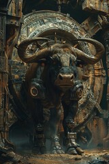 Fototapeta na wymiar A steampunk labyrinth houses a Minotaur, its form augmented by hitech enhancements, presenting a monstrous fusion of past and future tech ,3D rendering
