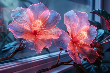 Decorative volumetric flowers with neon lighting.