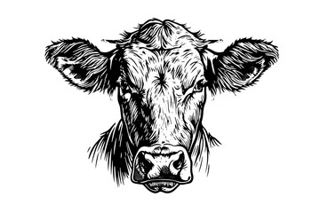 Vintage Vector Hand-Drawn Sketch of a Cow's Head: Retro Illustration of Dairy Farm Icon.