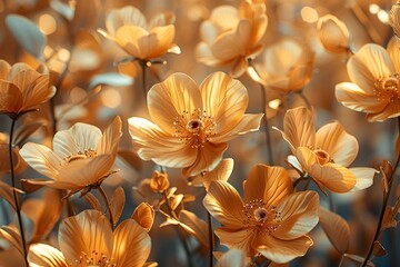 Flowers, leaves. The future looks stylish on paper. Luminous golden texture. Prints, wall papers