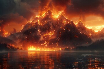 Global warming concept. Volcanoes, flood, fire on planet earth, climate warning
