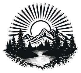 Obraz premium PNG A black sunset school hand poke tattoo style logo silhouette outdoors