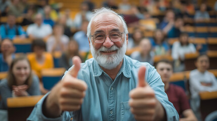 Smiling professor teacher showing thumbs up gesture in meeting auditorium school or university.