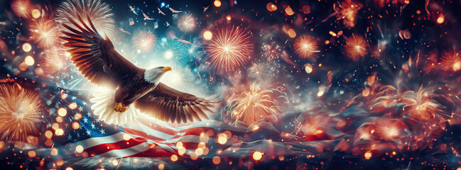 Banner Patriotic Eagle against American Flag and fireworks, Memorial Day, Proud - obrazy, fototapety, plakaty
