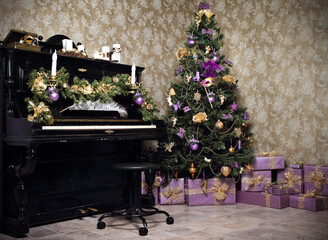 Vintage room with a piano, Christmas tree, candles, gifts  or presents