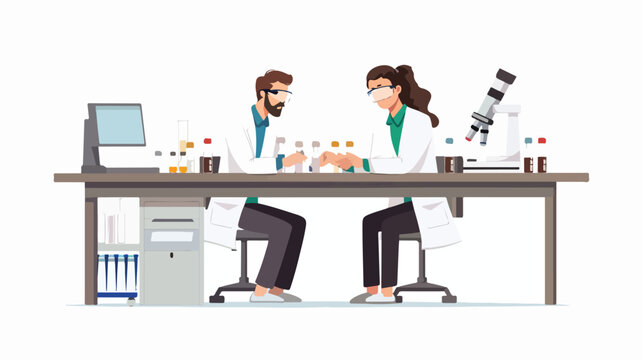 Two young chemistry scientists man and woman working