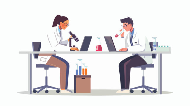Two young chemistry scientists man and woman working