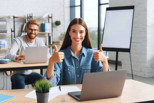 happy woman holding thumb up while sitting at laptop, concept of happy exams and tests online, interview and successful project.