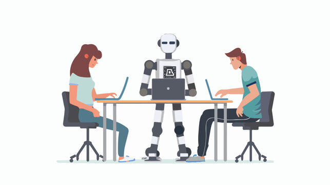 University students man and woman programming humanoid