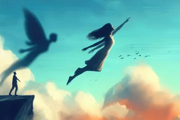  woman is flying in sky with a man in background © Екатерина Переславце