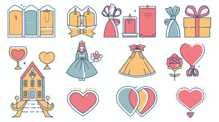 Wedding and marriage thin line icons set. Modern flat