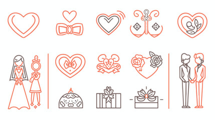 Wedding and marriage thin line icons set. Modern flat