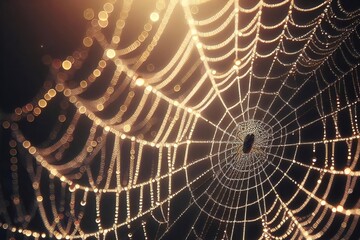 spider web with dew drops, Spider Web in Close Up dew drops in rays setting sun. - obrazy, fototapety, plakaty
